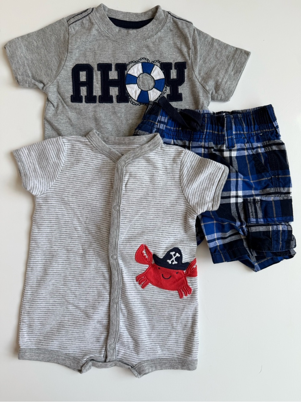 🛟 3/$15 | 6-12M Nautical Outfit Set Plaid Shorts and Matching Tee and Romper